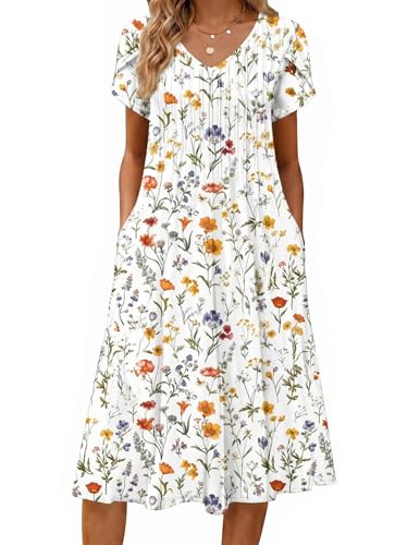 Zeagoo Womens Midi Dresses with Pockets Short Sleeve Dress for Women Long Summer Dresses 2026 Travel Floral Sundress White XL
