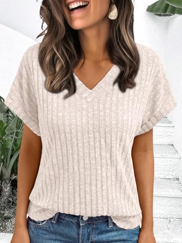 AUTOMET Womens Spring Tops 2026 Summer Dressy Casual Blouses Short Sleeve Cute V Neck Sweater Shirts Fashion Vacation Clothes Apricot M