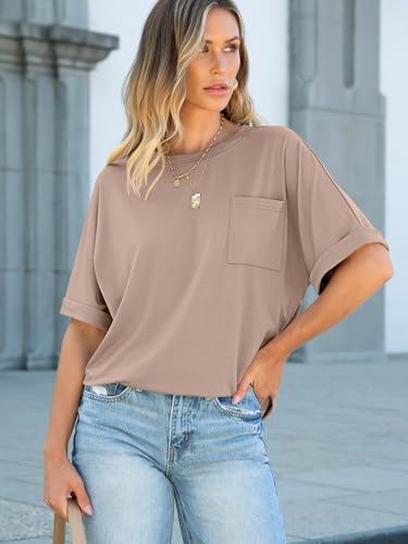 ANRABESS Women Oversized T Shirts Short Sleeve Summer Casual Loose Top Basic Tee with Pocket Khaki X-Large