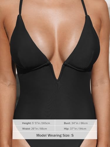CUPSHE Women Swimsuit One Piece Bathing Suit Deep V Neck Crisscross Back Adjustable Strap Black L