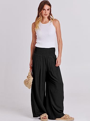 ANRABESS Women Linen Palazzo Pants Summer Boho Wide Leg High Waist Casual Lounge Pant 2026 Beach Travel Vacation Outfits Black Medium
