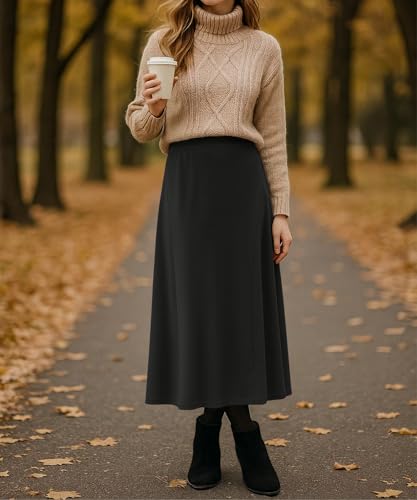 YSYOKOW Long Skirts for Women Flowy Elastic High Waist Midi A-line Skirt for 2026 Casual Boho Trendy(Black, Small)