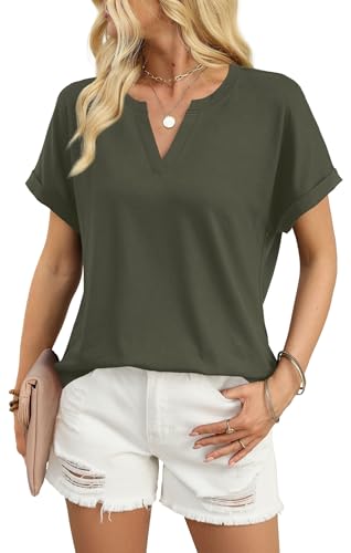 WIHOLL Womens Spring Tops 2026 Plus Size Summer Blouses Short Sleeve Tshirts Shirts Work Casual Holiday Outfits Fashion Clothing Army Green 2XL