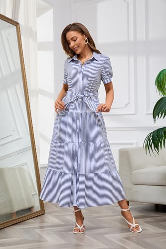 utcoco Womens Casual Short Sleeve Button Down Tie Waist Ruffled Striped Maxi Shirt Dress (Small, Blue)