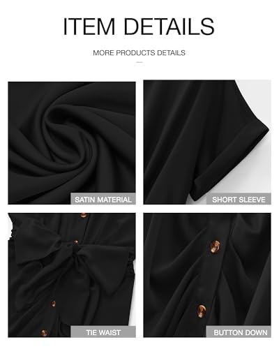 BTFBM Dresses for Women Summer Button Short Sleeve Silk Satin Ruched Spring Maxi Dress 2026 Cocktail Party Wedding(Black, Large)