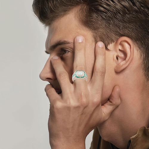 FYBIOD 10K 14K 18K Gold Men's Emerald Cut Opal Engagement Ring with Moissanites Luxury Design Opal Wedding Anniversary Ring for Men Husband Size 4-16
