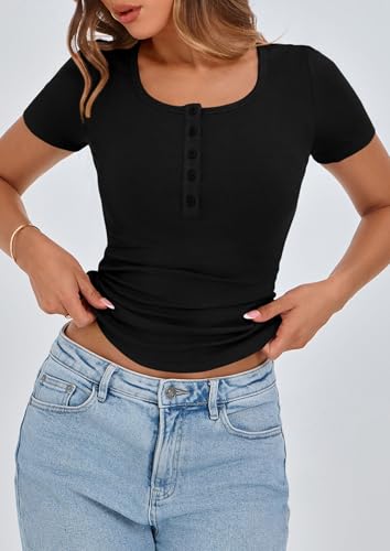 PRETTYGARDEN Womens 2026 Summer Short Sleeve Tops Ribbed Henley Button Slim Fit Basic Casual T Shirts Blouse Fashion Clothing (Black,Small)