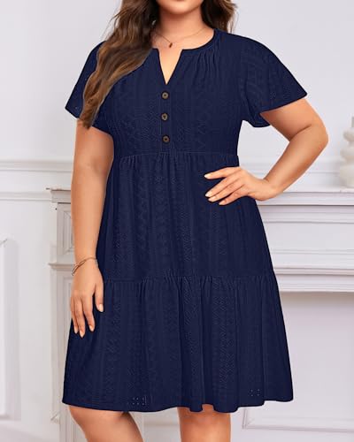 Talisea Navy Blue Dress for Women Plus Size Eyelet Summer Casual Beach Work Short Sleeve Ruffle Tiered Button Flowy Sundress