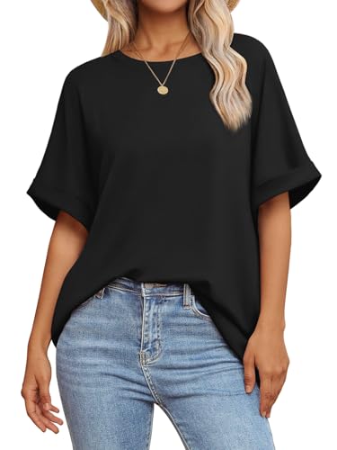ATHMILE Plus Size Tshirts for Women Loose Fit Beach Fashion Short Sleeve Summer Casual Blouse 2026 Y2K Tee Tops Black