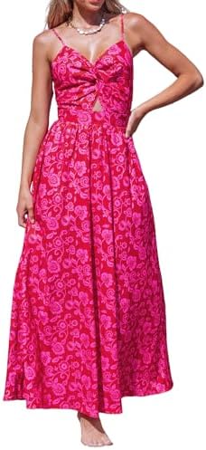 Sundresses - CUPSHE Women's Maxi Dress Floral Print Twisted V Neck Sleeveless Long Dress Summer Casual Dress Red Floral