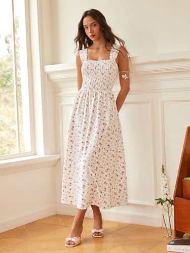 CIDER Womens Floral Summer Dresses Square Neck Sleeveless Midi A Line Casual Sundress Pink