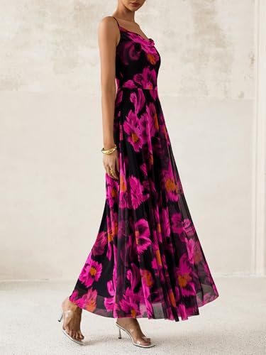 BTFBM Women Summer Floral Maxi Dresses Elegant Spaghetti Strap Dress Printed Party Dress Beach Long Dresses(Floral Black Rose Red,Large)