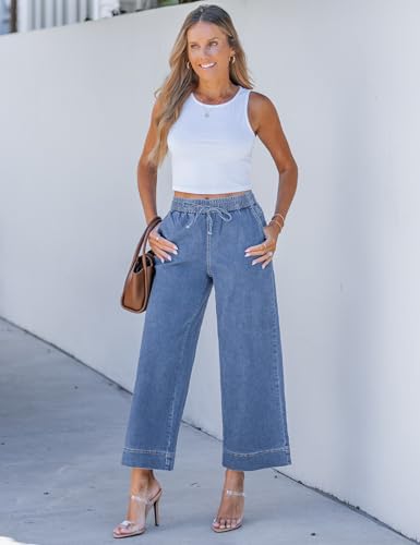 luvamia Wide Leg Crop Jeans Woman Denim Capris for Women Wide Leg Pants Medium Blue Medium Fits Size 8 / Size 10