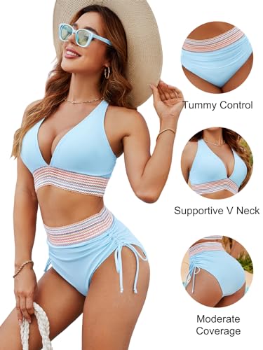 Blooming Jelly Womens High Waisted Bikini Tummy Control Swimsuits Two Piece Drawstring Bathing Suit (M, Blue)