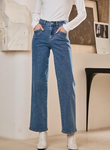 Sidefeel Women's Wide Leg Jeans High Waisted Stretchy Jeans Straight Leg Zimbaplatinum Ankle Denim Pants with Slant Pockets Blue Size 12