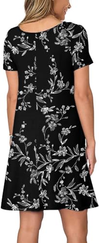 REGAI Womens Summer Dresses Casual Loose Tshirt Crew Neck Floral Short Sleeve Flowy Pockets Sundresses, Floral Black, M