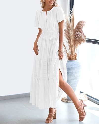 BTFBM Womens Summer 2026 Casual Midi Maxi Dresses Lightweight Short Sleeve V Neck Elastic Waist Boho Beach Dress Pockets(White, XX-Large)