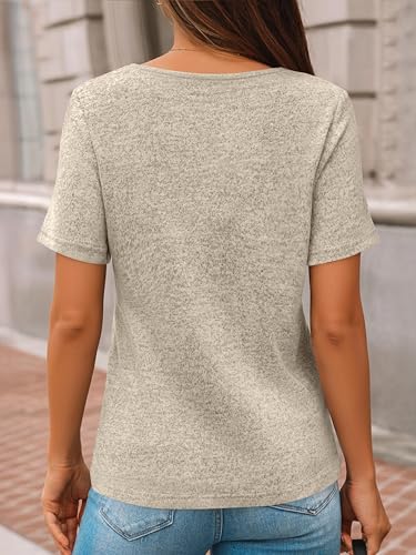 AUTOMET Womens Blouses Short Sleeve Swater Tops Summer Spring Outfits 2026 V Neck Sweaters Button Shirts Dressy Casual Khaki M