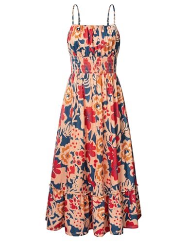 GRACE KARIN Summer Dresses for Women 2026 Vacation,Smocked Floral Maxi Dresses,Boho Beach Long Sundress Navy Brown XL