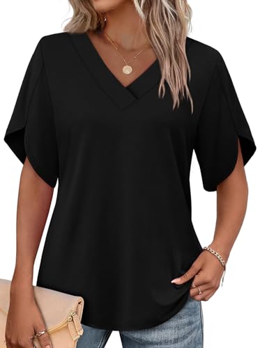 WIHOLL Womens Tops Short Sleeve Shirts Summer Outfits 2026 Blouses for Women Dressey Casual Cute Tops Beach Vacation Clothes Fashion Clothing Business Black XXL