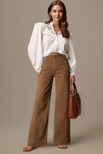 Dokotoo Women Casual Jeans for Women High Waist Wide Leg Loose Stretch Denim Pants Brown Size 14