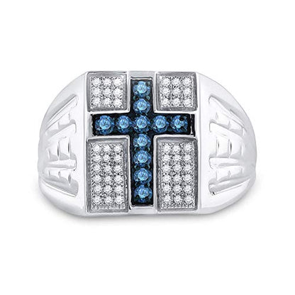 Jewels By Lux Sterling Silver Men's Round Blue Color Enhanced Diamond Cross Religious Ring 1/2 Cttw, Men's Size: 10.25