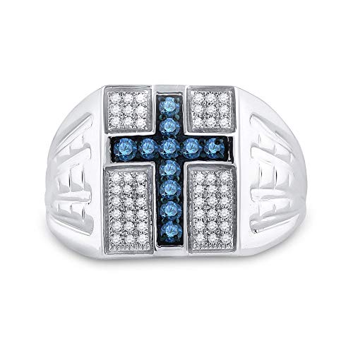 Jewels By Lux Sterling Silver Men's Round Blue Color Enhanced Diamond Cross Religious Ring 1/2 Cttw, Men's Size: 10.25