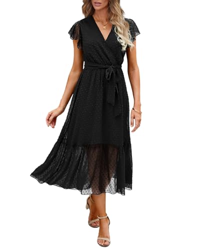 BTFBM Women Summer Bohemian Floral Casual Wrap V Neck Ruffle Cap Sleeveless Belt A-Line Pleated Hem Midi Sun Dress White