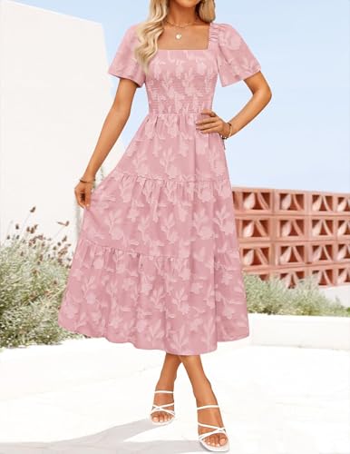 ZESICA Women‘s Summer Boho Floral Midi Dress 2026 Casual Short Sleeve Square Neck Flowy Beach Vacation Long Dress,Pink,Small