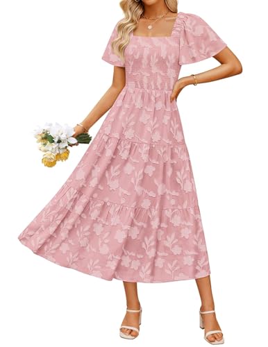 ZESICA Women‘s Summer Boho Floral Midi Dress 2026 Casual Short Sleeve Square Neck Flowy Beach Vacation Long Dress,Pink,Small