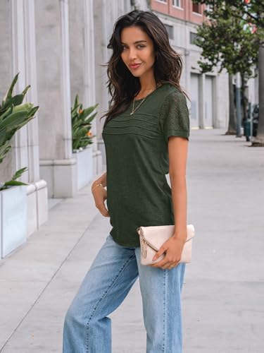 AUTOMET Short Sleeve Shirts for Women Summer Tops 2026 Spring Fashion Dressy Casual Outfits Lace Trendy Top Cute Work T Shirt Business Vacation Clothes Blouses Army Green L