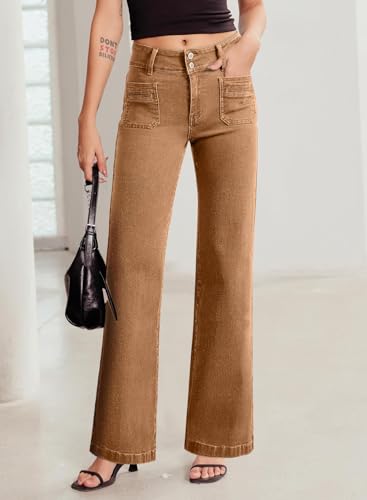 Sidefeel Women's Wide Leg Jeans Woman Fall Outfit Trendy Stretchy High Waisted Straight Leg Denim Pants Brown Size 8