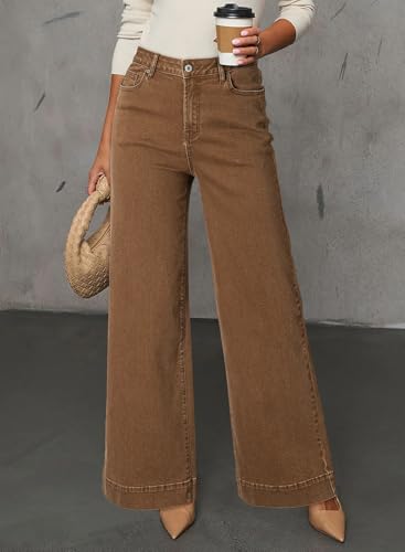 Dokotoo Womens Casual High Waisted Jeans for Women Straight Wide Leg Loose Stretch Denim Pants Brown Size 6
