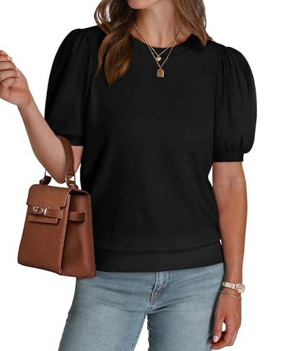 Womens Summer Tops Puff Short Sleeve T Shirts 2026 Soft Spring Cute Tops Dressy Casual Trendy Work Teachers Blouses Cruise Vacation Outfits Business Casual Tops for Women Clothing Black Sweaters L