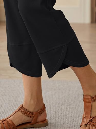 Trendy Queen Women's Wide Leg Pants, Soft Cotton Blend with Pockets for Casual Summer Black XL