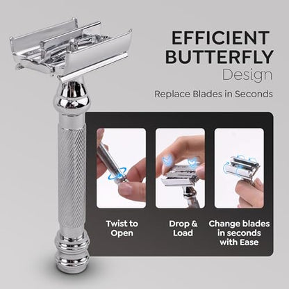 Parker 99R Chrome Long Handle Heavyweight Butterfly Open Double Edge Safety Razor for Men | 5 Parker Premium Platinum Double Edge Razor Blades Included | Iconic Brand