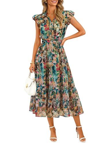 ZESICA Women's Summer Floral Midi Dress 2026 Casual Flutter Short Sleeve Chiffon Button Down Wedding Guest Party Dresses Green Small