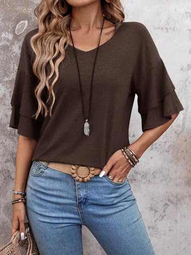 FUNBANG Womens V Neck Short Sleeve Shirts Double Tiered Ruffle T-Shirt Three Quarter Length Sleeve for Spring Summer Blouse 2026 Loose Fit Tunic 2026 Half Bell Fashion Clothes,Coffee Brown,M