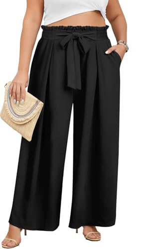 Lastshe Women's Plus Size Pants Wide Leg Work Casual Palazzo Flowy Elastic High Waisted Tie Knot Trousers with Pockets, Black, 3X