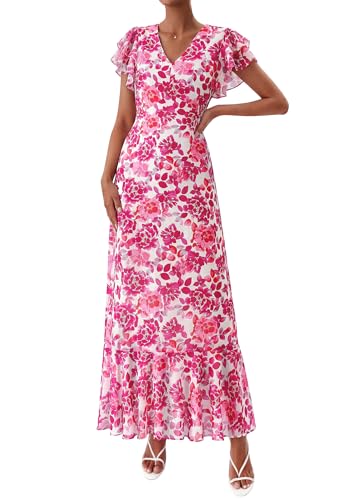PRETTYGARDEN Spring Dresses for Women 2026 Summer Boho Floral Ruffle Short Sleeve Flowy Beach Wedding Guest Maxi Long Dress(Rose Red Floral,Medium)