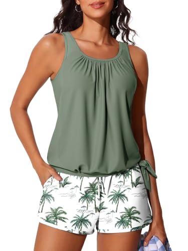 Summer Mae Blouson Women’s Tankini Swimsuits with Shorts Tummy Control Bathing Suits Side Pockets Green Shadow X-Large 2026