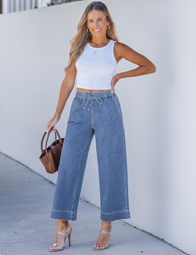 luvamia Wide Leg Crop Jeans Woman Denim Capris for Women Wide Leg Pants Medium Blue Medium Fits Size 8 / Size 10