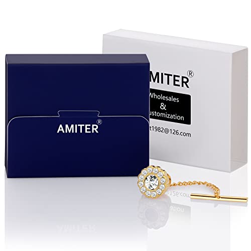 AMITER Mens Crystal Tie Tack with Chain Gold Tone Tie Pin for Men Unisex Adults in Wedding Birthday Anniversary Party