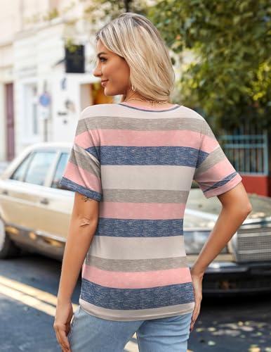 Zeagoo Women Shirts and Blouses Soft V Neck Short Sleeve Striped Pink Blue Loose Casual Summer Tops 2XL