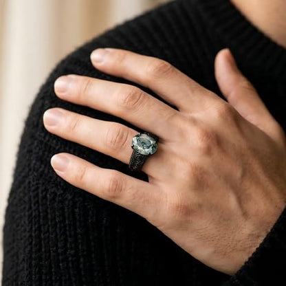 QHQPQ Mens Wedding Band 10K Gold Black Moss Agate Ring 925 Sterling Silver Moss Agate Engagement Ring Gothic Rings Birthday Christmas Gift for Boyfriend Father