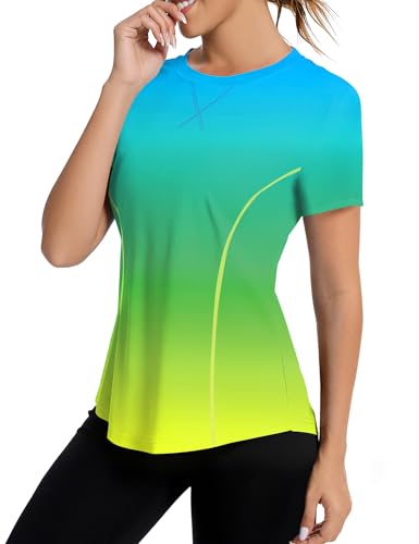 Avoogue Women's Activewear Short Sleeve UV Shirts Moisture Wicking Loose Workout Running Gym Tops Outfits Rashguard(Blue Gradient Yellow,L)