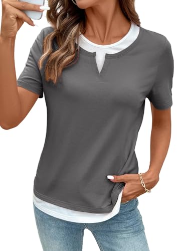 SHEWIN Summer Tops Crewneck Short Sleeve Shirts for Women Lightweight Business Casual Outfits for Women 2026 Medium Grey Medium