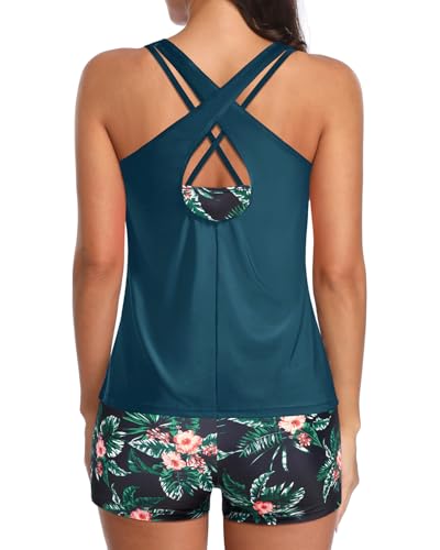 Holipick Green and Flower 3 Piece Tankini Swimsuits for Women Tummy Control Bathing Suits Swim Tank Top with Bra Boy Shorts Teen Swimwear L