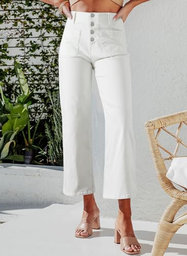 Sidefeel Women's Wide Leg Jeans High Waisted Stretchy Zimbaplatinum Straight Leg Jeans Buttoned Loose Denim Pants with Pocket White Size 10