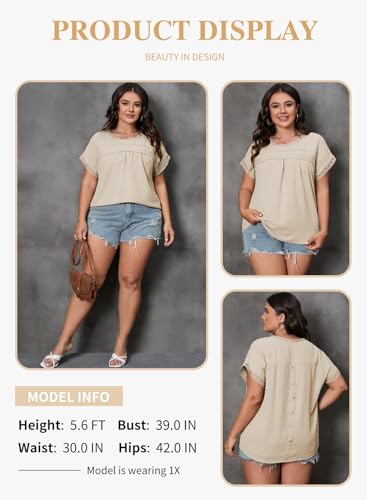 Eytino Women Plus Size Tops Crewneck Short Sleeve Lace Crochet Loose Casual Summer Blouses Shirts,3X Apricot